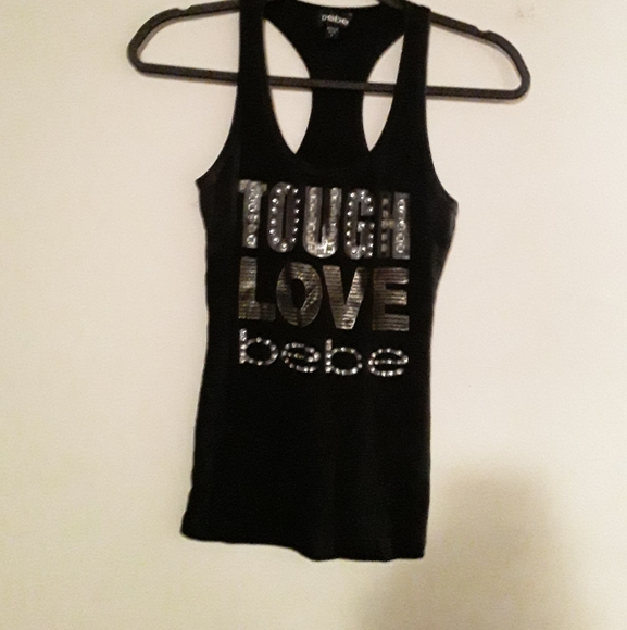 Bebe Womens Large Black Sporty Tank Top "Tough Love Bebe" in Silver Shiny Print - Picture 3 of 8
